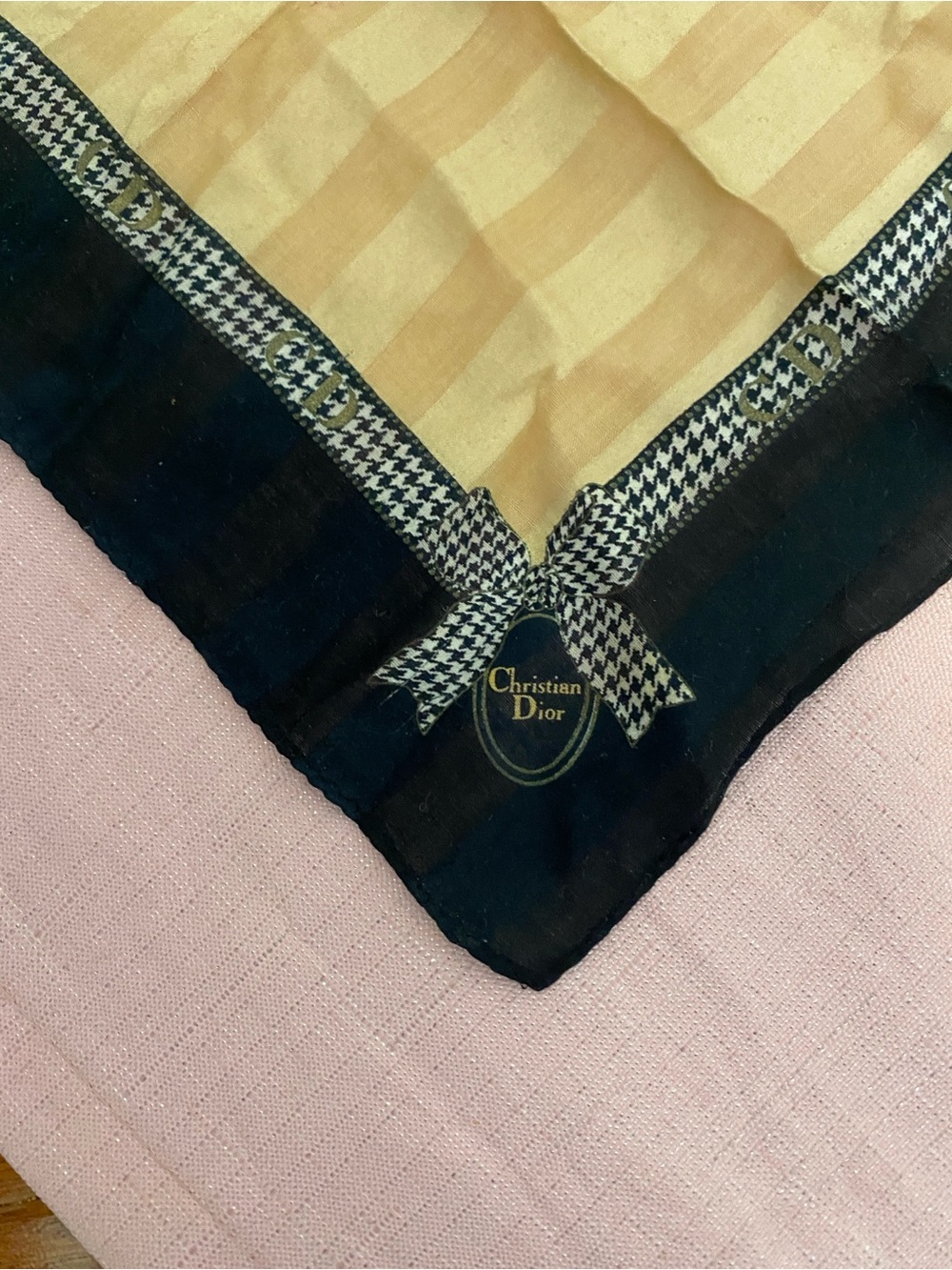 Dior Cream and Black Silk Scarf with Houndstooth Bow Trim